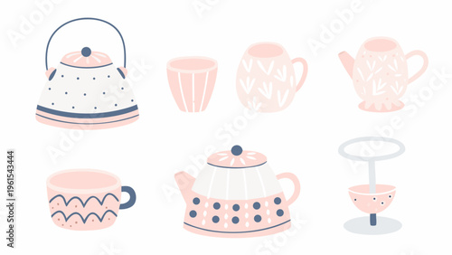 A collection of pastel colored teapots cups and saucers illustrated