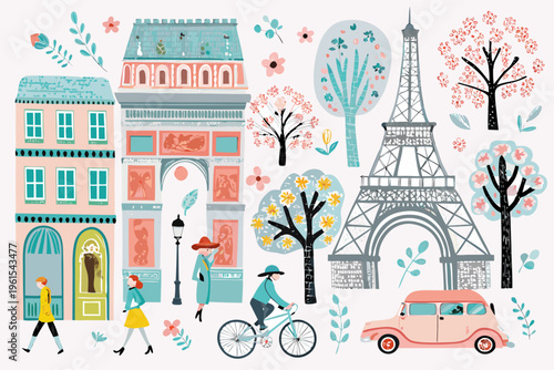 Charming illustration of parisian landmarks people and springtime scenery