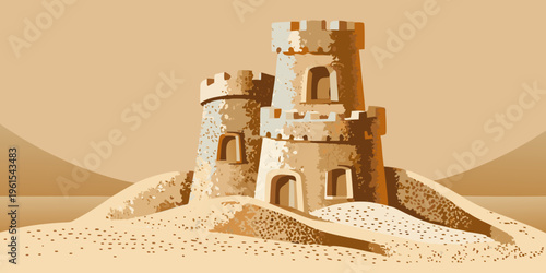 A stylized illustration of a desert castle with multiple towers
