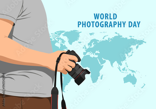 Global photography celebration illustration with a person holding a camera, symbolizing the worldwide passion for capturing moments and visual storytelling