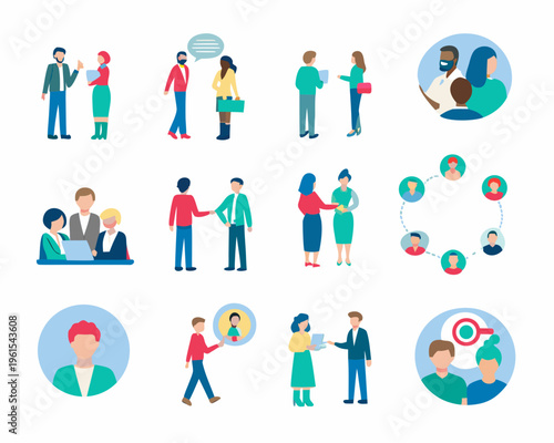 Diverse group of people interacting in various professional settings illustrated