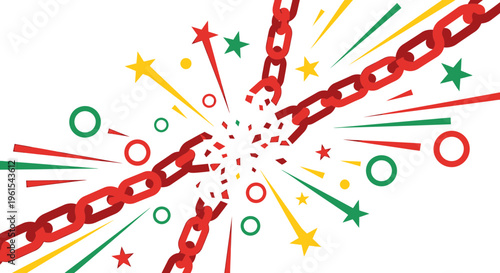 Vibrant illustration of a broken red chain exploding, symbolizing freedom, liberation, and overcoming obstacles with a burst of celebratory energy and dynamic shattered pieces