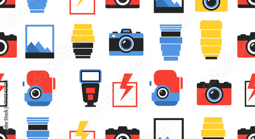 Seamless pattern showcasing a vibrant collection of flat design photography icons, including digital cameras, lenses, and speedlights, perfect for creative backgrounds and design projects