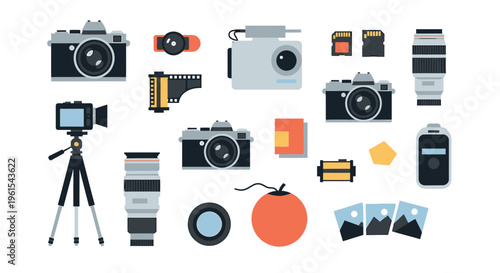Curated flat design collection of essential photography equipment, featuring various cameras, lenses, film, tripods, and accessories for capturing creative visual stories