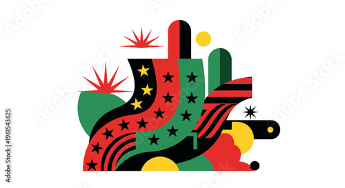 Vibrant abstract graphic design celebrating cultural unity and heritage with flowing shapes, stars, and bold colors representing strength and community