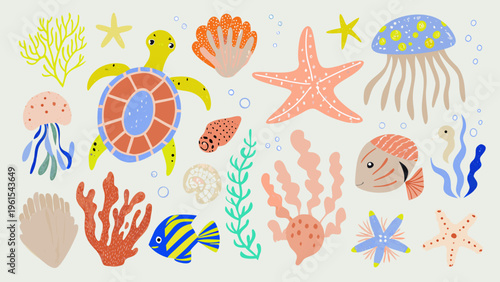 Colorful illustration of marine life including turtles jellyfish and coral