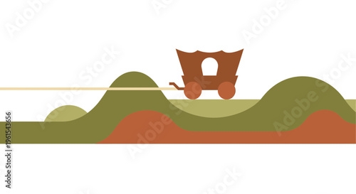 A charming minimalist illustration depicting an old-fashioned wagon on a journey over rolling hills, symbolizing travel and adventure in a simplified, graphic style
