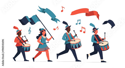 Lively parade scene featuring diverse musicians playing drums and carrying banners, celebrating a cultural festival with joyous rhythm and colorful fanfare
