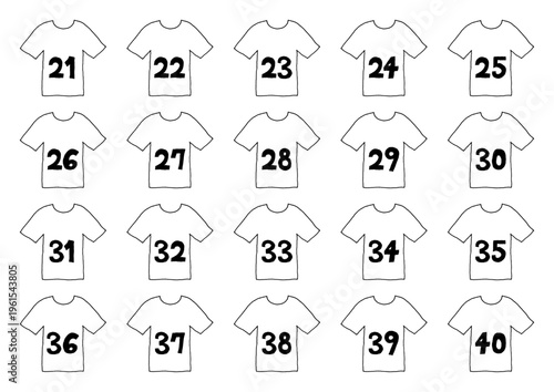 21から40までの数字が書いてあるシャツの手描きイラストセット