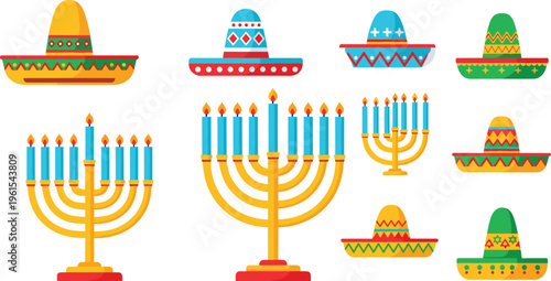 Colorful illustration of Mexican sombreros and Jewish menorahs with lit candles, blending cultural heritage, festive traditions, and multicultural celebration for holiday, diversi