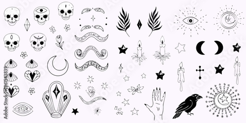 Collection of mystical and occult black and white line art illustrations
