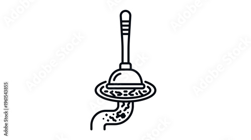 Plunger Actively Unclogging a Kitchen Sink Drain, Creating a Splash and Movement, Line Art Icon