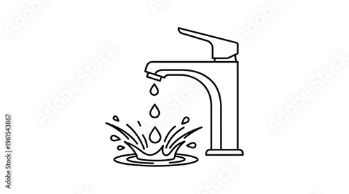 Elegant Faucet Emitting Splashing Water, Illustrating Continuous Flow and Droplets, Line Art Icon, Isolated White Background