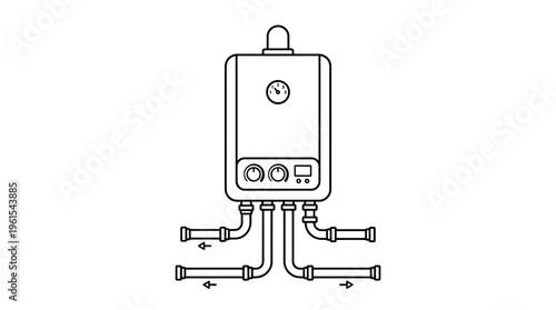 Water Heater or Boiler System with Connected Pipes and Control Panel, Line Art Icon, Isolated White Background