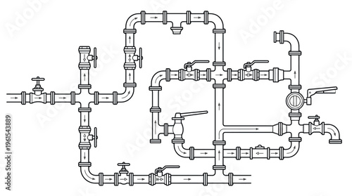 Elaborate Piping System Featuring Various Valves and Connectors, Complex Industrial Layout, Line Art Diagram