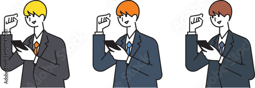 スマホを見て喜ぶスーツの男性の上半身セット