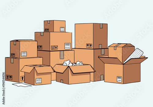 A 3d illustration of a brown cardboard delivery box stack and an open carton package for shipping and storage business isolated on a white background vector