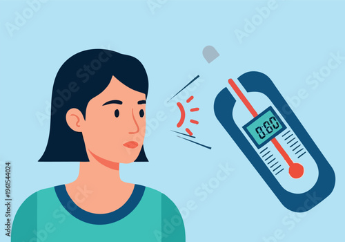 Cartoon vector illustration of a young woman person avatar with a thermometer face icon symbol for office business people design