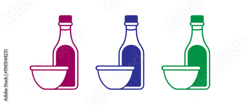 Bottles pouring liquid into matching bowls