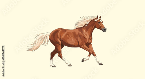 Vector illustration of a chestnut horse with a flaxen mane and tail galloping across a white background. Realistic depiction of an equestrian animal in motion with white leg markings.