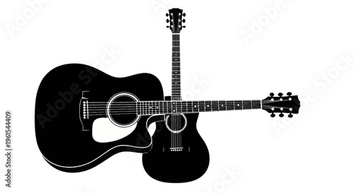 Black silhouette of acoustic guitars arranged in a cross composition with detailed fretboards, strings, and tuning pegs on a solid white background vector illustration.