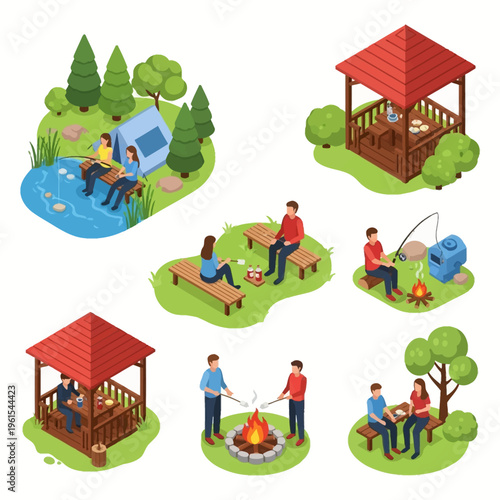 Isometric vector set of various outdoor recreation scenes featuring people camping in a tent, fishing at a lake, roasting marshmallows over a campfire, and relaxing in wooden garden gazebos.