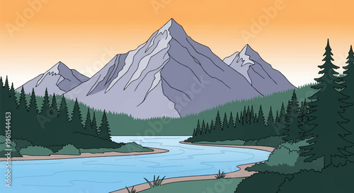 Flat vector illustration of a mountain landscape with a winding river in the foreground, coniferous pine forest, and tall jagged peaks against a clear orange gradient sunset sky.