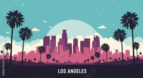 Vector illustration of the Los Angeles city skyline silhouette featuring palm trees, skyscrapers, and a large sun in the background with a teal sky and pink buildings.