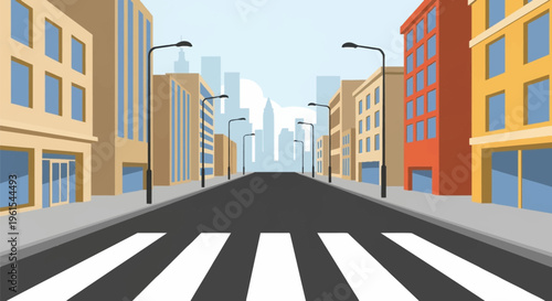 Simple vector cartoon illustration of an empty asphalt road with a white zebra crosswalk, lined with multi-story buildings and street lamps against a distant city skyline backdrop.