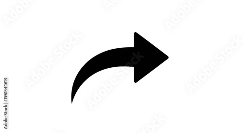 Minimalist black curved arrow icon pointing right on a solid white background, representing forward navigation, redo action, or share function for digital user interface design.