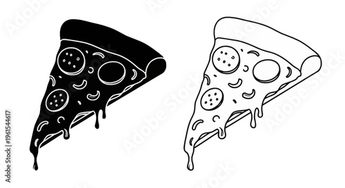 Two vector illustrations of a pizza slice with pepperoni and dripping cheese, featuring a black silhouette version and a white line art outline version on a white background.