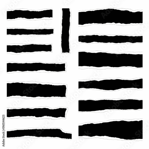 Set of various black ripped paper strips with rough torn white edges isolated on a white background, collection of decorative grunge paper scraps for collage and graphic design.