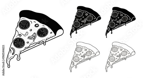 Set of black and white pizza slice vector illustrations with melting cheese, pepperoni and peppers, featuring solid silhouettes and line art outlines on a plain white background.