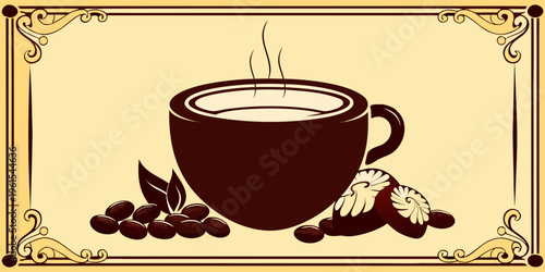 A dark brown cup of coffee with coffee beans and a floral design