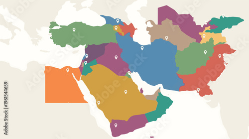 Colorful Detailed Map of the Middle East and Central Asia with Location Markers