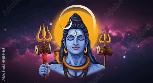 Vector illustration of Hindu god Lord Shiva in meditation with blue skin, holding tridents with damru drums, featuring a cobra, crescent moon, and cosmic galaxy background.