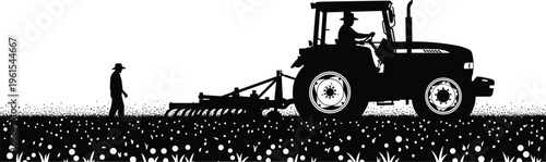 Black silhouette illustration of tractor with farmer plowing field, representing rural agriculture artwork, farming machinery design, countryside lifestyle, and traditional 