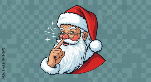 Vector illustration of Santa Claus with a finger aside his nose making a secret gesture, featuring a white beard, red hat, and glasses, isolated on a transparent background.