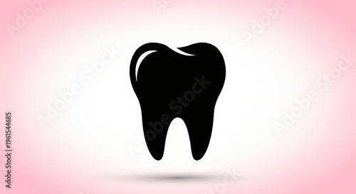 Black silhouette of a human molar tooth with crown highlights centered on a light pink and white gradient background, representing dental anatomy, healthcare, and professional dentistry.