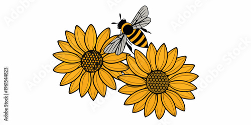 A bee is depicted hovering near two vibrant yellow sunflowers in bloom