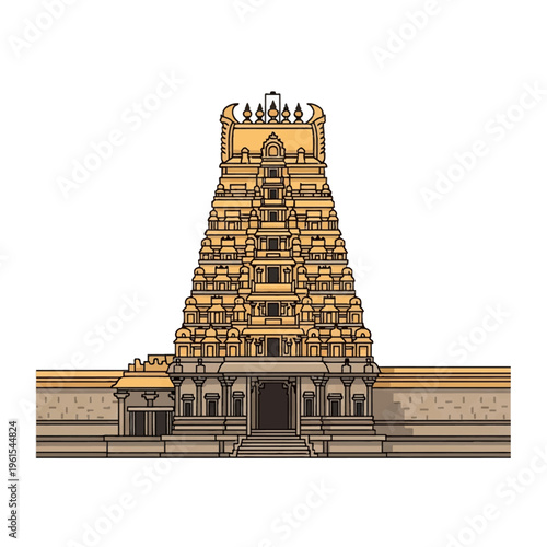 Vector illustration of a traditional South Indian Hindu temple Gopuram entrance tower with ornate tiered architecture and golden yellow color palette isolated on a white background.