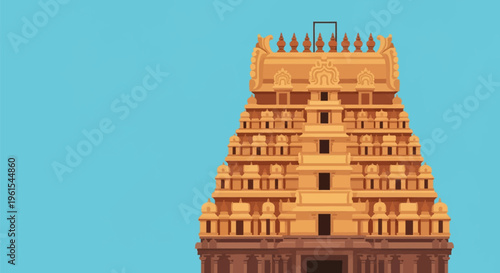Vector illustration of a South Indian Gopuram temple tower featuring tiered Dravidian architecture with ornate gold and brown carvings isolated on a solid light blue background.