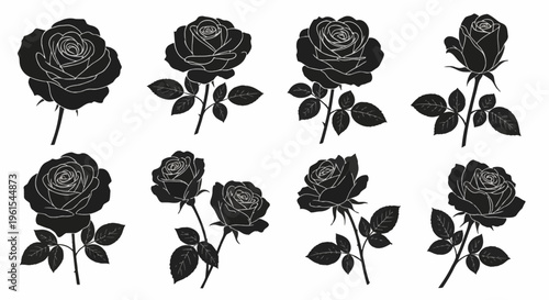 Set of eight black rose flower silhouettes with white outlines and detailed petal layers, including stems and leaves, isolated on white background for vector graphics and design.