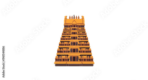 Detailed vector illustration of a traditional South Indian Hindu temple Gopuram entrance tower featuring multi-tiered Dravidian architecture in golden yellow isolated on white.