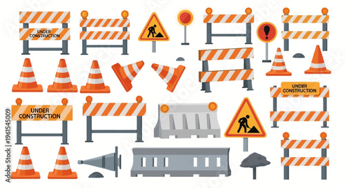 Vector set of road construction elements featuring orange and white striped traffic barriers, safety cones, concrete jersey barriers, and warning signs isolated on white background.