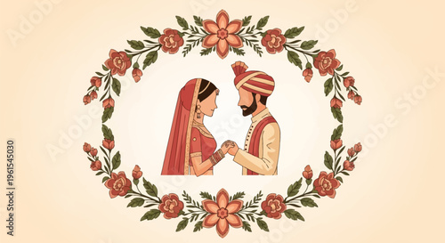 Traditional Indian wedding illustration featuring a bride and groom in ethnic attire holding hands inside a decorative floral wreath frame, suitable for marriage invitations.