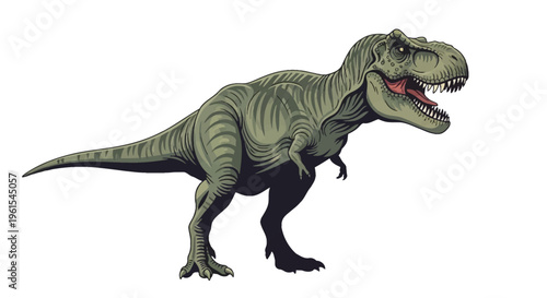 Full body vector illustration of a green Tyrannosaurus Rex dinosaur with open jaws and sharp teeth, isolated on a white background, featuring muscular legs and a side profile view.