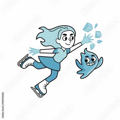 Animated ice skating girl casting magic spells with a friendly blue spirit companion in a whimsical vector illustration designed for childrens storybook character art