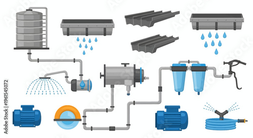 Vector icon set for rainwater harvesting systems featuring water storage tanks, filtration units, electric pumps, industrial piping, gutter collectors, garden sprinklers, and shower head.