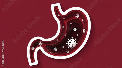 Gastric distress and internal infection visualized with a detailed graphic of a human stomach containing microorganisms
